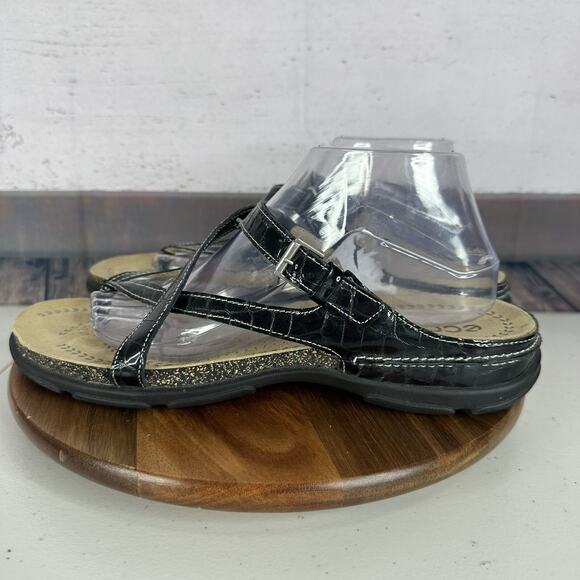 Ecco Sandal Womens 11.5 Black Leather Comfort Slip on Strappy Adustable Cork - Picture 1 of 13